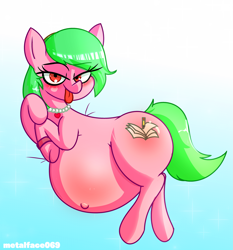 Size: 3327x3572 | Tagged: safe, artist:metalface069, oc, oc:ruby shimmers, species:earth pony, species:pony, belly, belly button, big belly, commission, fat, female, jewelry, lidded eyes, looking at you, mare, necklace, outie belly button, pregnant, tongue out, your character here