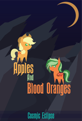 Size: 8101x12011 | Tagged: safe, artist:cosmiceclipsed, character:applejack, oc, oc only, oc:citrus swirl, species:bat pony, species:earth pony, species:pony, duo, fanfic, fanfic art, fanfic cover, female, hollow shades, mare, moon, poster