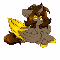Size: 4000x4000 | Tagged: safe, artist:twisted-sketch, oc, oc only, species:alicorn, species:pony, alicorn oc, curved horn, ear fluff, horn, prone, simple background, solo, two toned wings, unshorn fetlocks, white background, wings