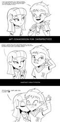 Size: 1000x2028 | Tagged: safe, artist:graytyphoon, commissioner:imperfectxiii, part of a set, character:maud pie, oc, oc:copper plume, my little pony:equestria girls, arm behind head, blushing, canon x oc, clothing, comic, commission, dialogue, female, freckles, glasses, heart necklace, jewelry, kiss on the cheek, kissing, male, maudplume, monochrome, neckerchief, necklace, shipping, shirt, straight, surprised, wide eyes