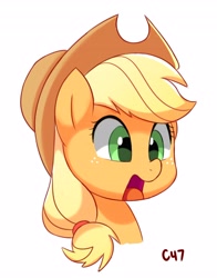 Size: 3216x4096 | Tagged: safe, artist:handgunboi, character:applejack, species:earth pony, species:pony, bust, clothing, cowboy hat, female, hat, mare, simple background, solo, suprised look, white background