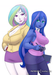 Size: 1013x1433 | Tagged: safe, artist:brother-tico, character:princess celestia, character:princess luna, character:principal celestia, character:vice principal luna, my little pony:equestria girls, big breasts, breasts, busty princess celestia, busty princess luna, clothing, looking at you, patreon, pen, pony coloring, skirt, vice principal luna