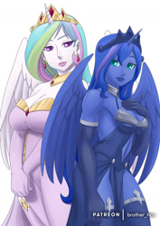 Size: 1013x1433 | Tagged: safe, alternate version, artist:brother-tico, character:princess celestia, character:princess luna, species:alicorn, species:human, species:pony, big breasts, breasts, busty princess celestia, busty princess luna, cleavage, clothing, crown, ear piercing, earring, gloves, horn, horned humanization, humanized, jewelry, long gloves, looking at you, patreon, piercing, regalia, royal sisters
