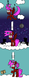 Size: 1136x3000 | Tagged: safe, artist:rainbowbacon, character:rainbowshine, character:sassaflash, oc, oc:rainbowbacon, species:pegasus, species:pony, newbie artist training grounds, cloud, cloud 9, disco ball, glitter, glowstick, kiss on the cheek, lipstick, party, sign, silhouette, solo cup
