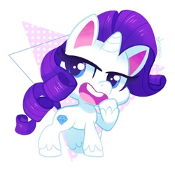 Size: 1000x1000 | Tagged: safe, artist:sharmie, character:rarity, species:pony, species:unicorn, my little pony:pony life, abstract background, chibi, female, laughing, mare, solo, unshorn fetlocks