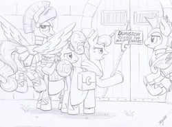 Size: 1024x759 | Tagged: safe, artist:xeviousgreenii, character:princess luna, species:pony, newbie artist training grounds, adventurers, atg 2020, dungeon, female, guardsmare, male, mare, monochrome, night guard, royal guard, stallion, traditional art
