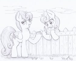 Size: 1024x823 | Tagged: safe, artist:xeviousgreenii, character:carrot top, character:golden harvest, character:strawberry sunrise, species:earth pony, species:pegasus, species:pony, newbie artist training grounds, atg 2020, female, fence, grayscale, hammer, hoof hold, mare, monochrome, mouth hold, nails, pencil drawing, traditional art