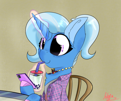 Size: 2834x2362 | Tagged: safe, artist:jubyskylines, character:trixie, species:pony, species:unicorn, alicorn amulet, bubble tea, female, phone, ponytail, sipping, solo