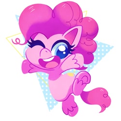 Size: 1000x1000 | Tagged: safe, artist:sharmie, character:pinkie pie, species:earth pony, species:pony, my little pony:pony life, abstract background, cute, diapinkes, female, mare, one eye closed, open mouth, solo, unshorn fetlocks, wink