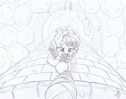 Size: 1024x806 | Tagged: safe, artist:xeviousgreenii, character:cozy glow, species:pony, newbie artist training grounds, atg 2020, candy, card, food, lollipop, monochrome, mouth hold, offscreen character, pov, pun, rapunzel, rope, tower, traditional art