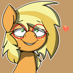 Size: 500x500 | Tagged: safe, artist:koportable, character:applejack, species:earth pony, species:pony, adorkable, alternate hairstyle, applejackasks, bedroom eyes, bust, cute, dork, eyebrows, eyebrows visible through hair, female, floating heart, freckles, glasses, grin, heart, jackabetes, looking at you, mare, portrait, smiling, solo
