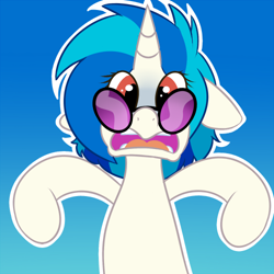 Size: 500x500 | Tagged: safe, artist:koportable, character:dj pon-3, character:vinyl scratch, species:pony, species:unicorn, blue background, female, floppy ears, gradient background, mare, open mouth, red eyes, simple background, solo, startled, sunglasses, upper body, wrong eye color