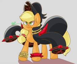 Size: 600x494 | Tagged: safe, artist:koportable, character:applejack, species:earth pony, species:pony, bracelet, clothing, coat, crossover, female, frown, gray background, hat, jewelry, kill la kill, mako mankanshoku, mare, simple background, solo, spiked wristband, straw in mouth, wristband
