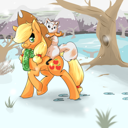 Size: 1000x1000 | Tagged: safe, artist:koportable, character:applejack, non-mlp oc, oc, oc:griff, species:earth pony, species:pony, applejack's hat, clothing, cowboy hat, cute, duo, female, hair over one eye, hat, hoofprints, jackabetes, looking at you, mare, original species, raised hoof, riding, scarf, smiling, snow, tree, walking, winter