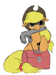 Size: 600x802 | Tagged: safe, artist:koportable, character:applejack, species:earth pony, species:pony, applejack's hat, clothing, cowboy hat, crossover, engiejack, engineer, female, floppy ears, goggles, hat, mare, mouth hold, simple background, smiling, solo, team fortress 2, toolbox, white background, wrench