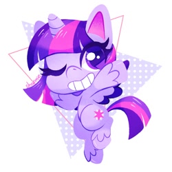 Size: 1000x1000 | Tagged: safe, artist:sharmie, character:twilight sparkle, character:twilight sparkle (alicorn), species:alicorn, species:pony, my little pony:pony life, abstract background, colored pupils, cute, female, one eye closed, smiling, solo, twiabetes, wink