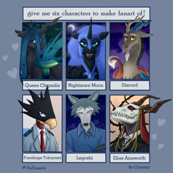 Size: 3150x3150 | Tagged: safe, artist:chrystal_company, character:discord, character:nightmare moon, character:princess luna, character:queen chrysalis, species:alicorn, species:anthro, species:bird, species:changeling, species:draconequus, species:pony, species:wolf, ancient magus bride, anthro with ponies, beastars, bust, changeling queen, clothing, crescent moon, crossover, elias ainsworth, ethereal mane, fangs, female, fumikage tokoyami, galaxy mane, helmet, legosi (beastars), male, mare, moon, my hero academia, necktie, open mouth, peytral, six fanarts, the ancient magus' bride
