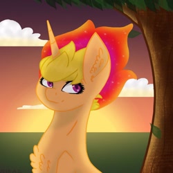 Size: 1080x1080 | Tagged: safe, artist:chrystal_company, oc, oc only, species:pony, species:unicorn, bust, chest fluff, cloud, ethereal mane, galaxy mane, horn, outdoors, solo, sunset, tree, unicorn oc