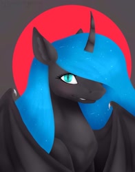 Size: 1570x2000 | Tagged: safe, artist:chrystal_company, character:nightmare moon, character:princess luna, species:alicorn, species:bat pony, species:pony, bat pony alicorn, bat wings, bust, curved horn, ethereal mane, female, galaxy mane, horn, solo, wings