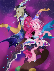 Size: 1160x1520 | Tagged: safe, artist:bunnari, character:discord, character:pinkie pie, species:pony, ship:discopie, clothing, dress, female, male, shipping, straight
