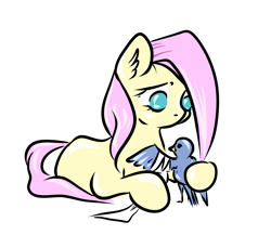 Size: 2941x2548 | Tagged: safe, artist:coco-drillo, character:fluttershy, species:bird, species:pegasus, species:pony, newbie artist training grounds, animal, bandage, caring, concerned, ear fluff, female, looking down, lying down, mare, mending, natg2020, no pupils, prone, simple background, white background, wingless, worried