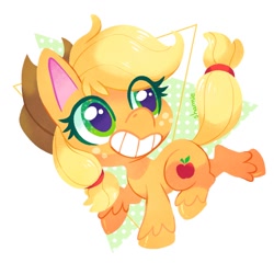 Size: 1000x1000 | Tagged: safe, artist:sharmie, character:applejack, species:earth pony, species:pony, my little pony:pony life, abstract background, chibi, clothing, cowboy hat, cute, eye clipping through hair, female, hat, jackabetes, mare, smiling, solo, unshorn fetlocks