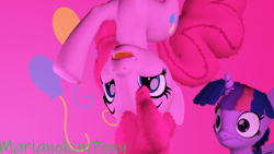 Size: 1920x1080 | Tagged: safe, artist:marianokun, character:pinkie pie, character:twilight sparkle, character:twilight sparkle (alicorn), species:alicorn, species:earth pony, species:pony, 3d, angry, cutie mark background, female, happy, in which pinkie pie forgets how to gravity, mare, pink background, pinkie being pinkie, pinkie physics, simple background, source filmmaker, surprised, watermark