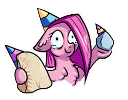 Size: 3401x2663 | Tagged: safe, artist:coco-drillo, character:pinkamena diane pie, character:pinkie pie, species:earth pony, species:pony, newbie artist training grounds, episode:party of one, g4, my little pony: friendship is magic, bust, cell shaded, chest fluff, clothing, ear fluff, female, hat, madame leflour, natg2020, party hat, simple background, solo, teary eyes, white background