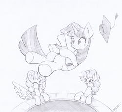 Size: 2600x2370 | Tagged: safe, artist:xeviousgreenii, character:pinkie pie, character:surprise, character:twilight sparkle, species:pony, newbie artist training grounds, atg 2020, clothing, graduation cap, hat, monochrome, traditional art, trampoline