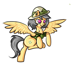 Size: 4700x4348 | Tagged: safe, artist:coco-drillo, character:daring do, species:pegasus, species:pony, newbie artist training grounds, alternate hairstyle, chest fluff, clothing, determined, ear fluff, female, hat, natg2020, raised hoof, raised hooves, simple background, solo, spread wings, white background, wings