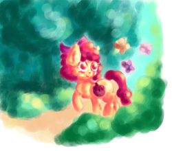 Size: 4652x4089 | Tagged: safe, artist:coco-drillo, character:apple bloom, species:earth pony, species:pony, newbie artist training grounds, adorabloom, atmospheric, bow, butterfly, chest fluff, cute, ear fluff, female, forest, natg2020, nature, scenery, solo
