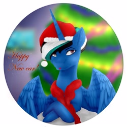 Size: 2160x2160 | Tagged: safe, artist:chrystal_company, oc, oc only, species:alicorn, species:pony, alicorn oc, blep, bust, christmas, christmas lights, christmas tree, clothing, hat, holiday, horn, merry christmas, santa hat, scarf, solo, tongue out, tree, wings