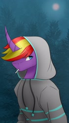 Size: 1217x2160 | Tagged: safe, artist:chrystal_company, oc, oc only, species:anthro, species:pony, species:unicorn, abstract background, cigarette, clothing, curved horn, hoodie, horn, solo, unicorn oc