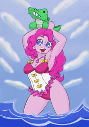 Size: 1061x1501 | Tagged: safe, artist:brother-tico, character:gummy, character:pinkie pie, equestria girls:forgotten friendship, g4, my little pony: equestria girls, my little pony:equestria girls, armpits, breasts, cleavage, clothing, cute, diapinkes, female, geode of sugar bombs, lidded eyes, magical geodes, one-piece swimsuit, open mouth, swimsuit, toy, watermark