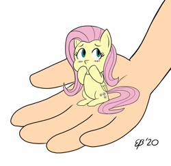 Size: 900x873 | Tagged: safe, artist:cartoon-eric, character:fluttershy, species:human, species:pegasus, species:pony, blushing, chibi, covering mouth, cute, disembodied hand, female, folded wings, hand, in goliath's palm, looking away, looking up, mare, micro, raised hoof, shyabetes, simple background, sitting, solo, tiny, tiny ponies, white background, wings