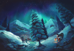 Size: 2500x1736 | Tagged: safe, artist:nemo2d, oc, oc only, oc:summer ray, species:hippogriff, species:pony, fanfic:through the aurora, aurora borealis, fanfic art, lantern, mountain, night, north pole, scenery, scenery porn, snow, stars, tree