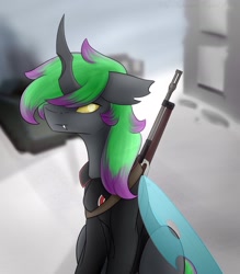 Size: 1658x1896 | Tagged: safe, artist:chrystal_company, oc, oc only, species:changeling, changeling oc, clothing, gun, solo, weapon