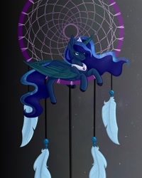 Size: 1080x1350 | Tagged: safe, artist:chrystal_company, character:princess luna, species:alicorn, species:pony, colored hooves, dreamcatcher, ethereal mane, female, galaxy mane, jewelry, peytral, prone, solo, tiara