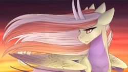 Size: 1920x1080 | Tagged: safe, artist:chrystal_company, oc, oc only, species:alicorn, species:pony, alicorn oc, bicorn, horn, multiple horns, solo, sunset, wings