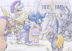 Size: 4600x3260 | Tagged: safe, artist:xeviousgreenii, character:princess luna, character:zecora, species:alicorn, species:bat pony, species:pegasus, species:pony, species:zebra, newbie artist training grounds, absurd file size, adventurers, atg 2020, colored, dungeon, female, guardsmare, male, mare, night guard, night guard armor, royal guard, stallion, traditional art