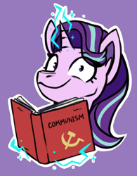 Size: 759x973 | Tagged: safe, artist:amy-gamy, character:starlight glimmer, communism, communist manifesto, cropped, female, hammer and sickle, here we go again, purple background, simple background, solo, stalin glimmer, this will end in communism, this will end in tears