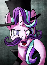 Size: 1500x2063 | Tagged: safe, artist:starbat, character:starlight glimmer, species:pony, bust, clothing, fake moustache, female, hat, portrait, snidely whiplash, solo, top hat