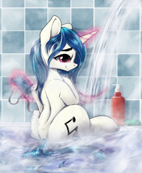 Size: 1576x1917 | Tagged: safe, artist:hitbass, character:dj pon-3, character:vinyl scratch, species:pony, species:unicorn, female, glowing horn, horn, looking at you, magic, mare, shower, smiling, soap, telekinesis, water, wet, wet mane
