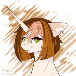 Size: 1080x1080 | Tagged: safe, artist:chrystal_company, oc, oc only, species:pony, species:unicorn, abstract background, blep, bust, ear piercing, earring, horn, jewelry, piercing, solo, tongue out, unicorn oc