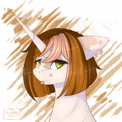 Size: 1772x1772 | Tagged: safe, alternate version, artist:chrystal_company, oc, oc only, species:pony, species:unicorn, abstract background, blep, bust, ear piercing, earring, horn, jewelry, piercing, solo, tongue out, unicorn oc