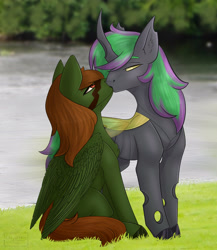 Size: 3071x3543 | Tagged: safe, artist:chrystal_company, oc, oc only, species:pegasus, species:pony, changeling queen, changeling queen oc, colored hooves, double colored changeling, kissing, oc x oc, outdoors, pegasus oc, shipping, wings