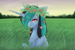 Size: 3307x2205 | Tagged: safe, artist:chrystal_company, oc, oc only, oc:nightmare chrystal, species:pony, species:unicorn, bust, floral head wreath, flower, grass, hair over one eye, horn, jewelry, necklace, outdoors, solo, unicorn oc