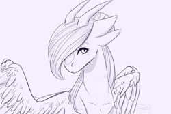 Size: 1080x720 | Tagged: safe, artist:chrystal_company, oc, oc only, species:alicorn, species:pony, alicorn oc, bicorn, horn, lineart, monochrome, multiple horns, simple background, solo, white background, wings