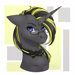 Size: 2067x2067 | Tagged: safe, artist:chrystal_company, oc, oc only, species:pony, species:unicorn, abstract background, bow tie, bust, glasses, horn, solo, unicorn oc
