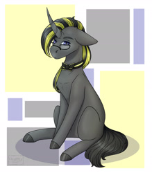 Size: 1929x2205 | Tagged: safe, artist:chrystal_company, oc, oc only, species:pony, species:unicorn, abstract background, bow tie, colored hooves, glasses, horn, sitting, solo, unicorn oc
